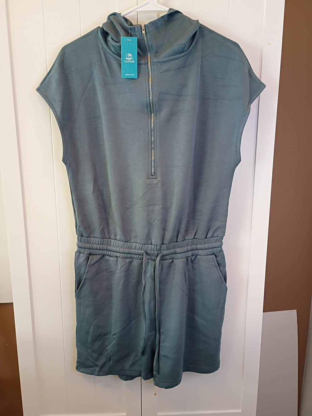 Cupshe Slate Blue Hooded Romper with Front Zipper